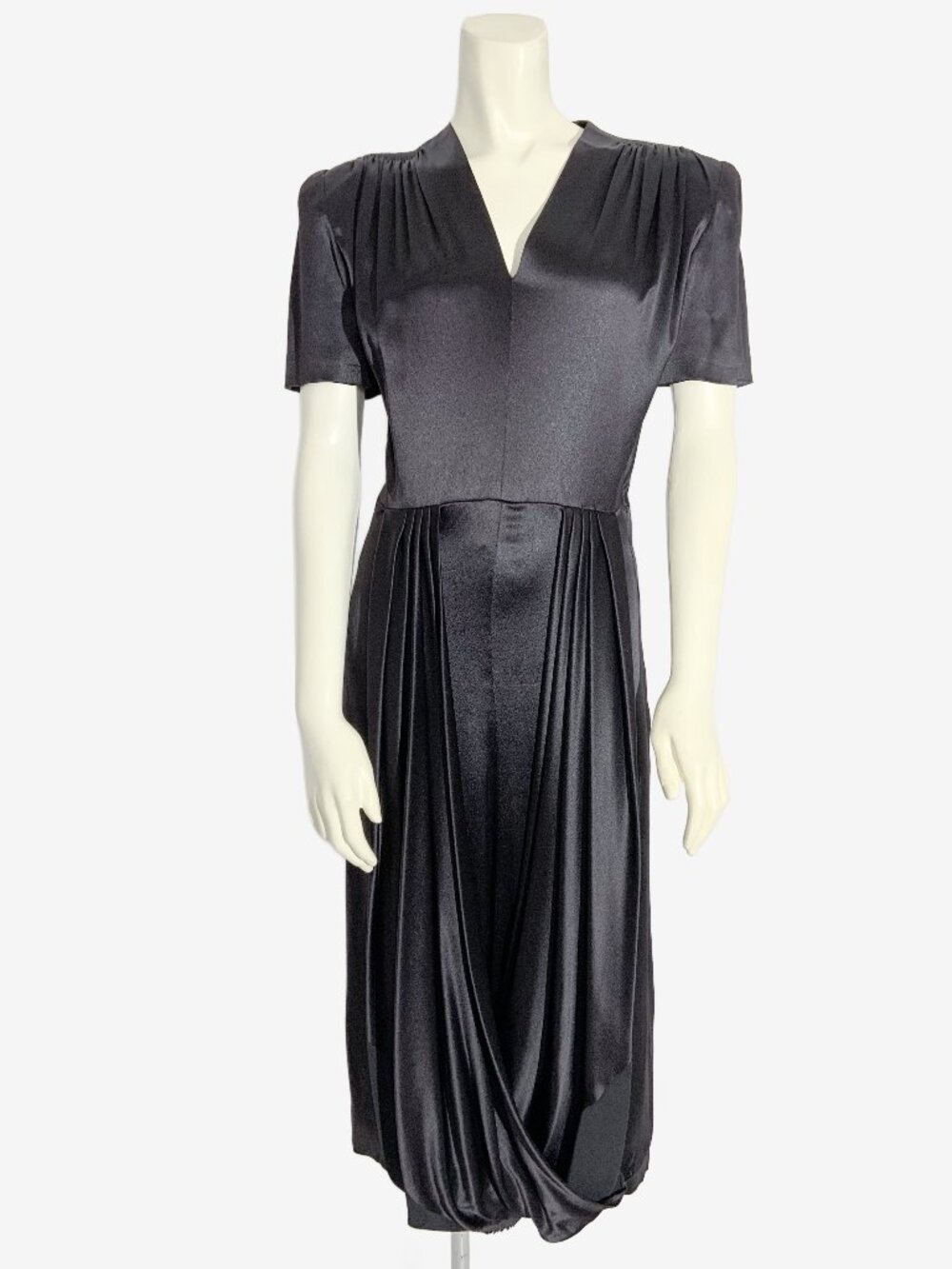 Vintage 1940s Style Short Sleeve Black Satin Dress  / size Small